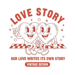 Charming vintage illustration of two cartoon heart characters symbolizing a happy and romantic love story