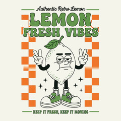 A funny retro lemon mascot vector character making peace signs, illustrated in a groovy 70s cartoon style with a checkerboard background