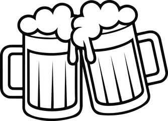 Two frothy beer mugs clinking together in a celebratory toast with foamy heads spilling over the top