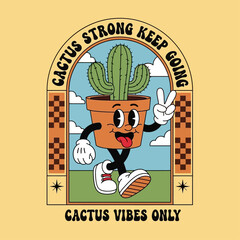Obraz premium Quirky anthropomorphic saguaro cactus character in a pot, a retro mascot design with a peace sign, isolated on a yellow background