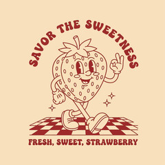 A cheerful vintage cartoon strawberry mascot walking with a smile. This retro fruit character illustration embodies a sweet and happy aesthetic