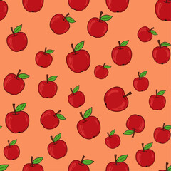 A charming seamless pattern of ripe red apples scattered on a warm-colored background, perfect for wallpaper or fabric design