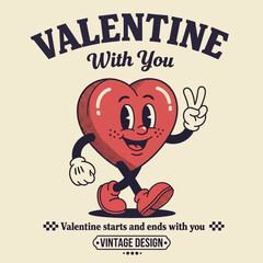 Happy walking heart character in a vintage cartoon style, making a peace sign gesture. A cute vector love mascot for Valentine's Day