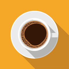 Modern flat design vector graphic of a morning coffee cup and saucer seen from above, with a long shadow effect on a colorful backdrop