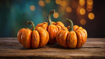 Pumpkin magic: a bokeh illuminated halloween scene. Branding asset. Detailed orange gourds with autumn leaves and dreamy glow. Modern design. Creative concept.