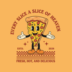Cute and cheerful pizza slice character in a vintage cartoon style, perfect for food-related branding and advertising materials