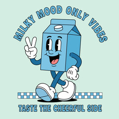 A cheerful retro milk carton character in a groovy vintage cartoon style, walking with a happy smile and a peace sign