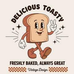 A cheerful walking slice of bread character in a retro cartoon style. Vintage mascot design for a bakery or food branding