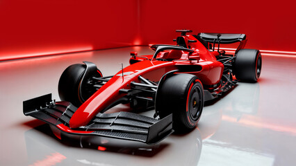 Red Formula 1 Car in Modern Studio with Dramatic Lighting