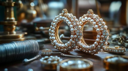 Pair of hand crafted hoop earrings with pearl accents displayed alongside small jewelry making tools silver wire spools and a jeweler's cloth