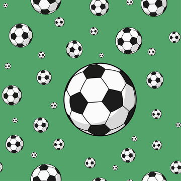 Dynamic soccer ball seamless pattern on a green field background. Abstract sports vector graphic for athletic design and competition themes