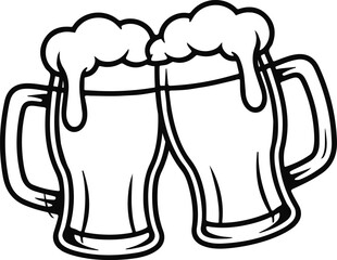 Two frothy beer mugs clinking together in a celebratory toast hand drawn illustration