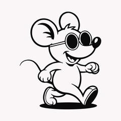Cartoon mouse wearing sunglasses and smiling while walking with a happy expression