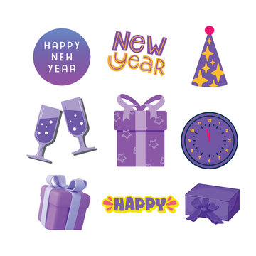 New Year's Party and Celebration Flat Vector Sticker Set. Vector Illustration..