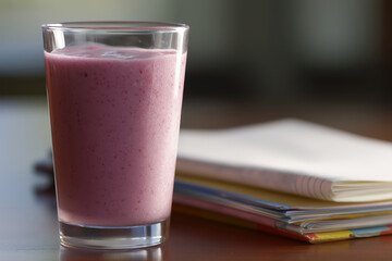 Healthy breakfast smoothie with banana, spinach, and berries in a clear glass, placed on wooden table with napkin and schoolbooks nearby. 