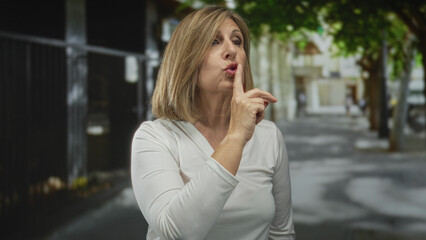 Fototapeta premium Woman in white shirt raises finger to lips for silence amid green trees on sunlit city street; calm secrecy contemplation reflection.