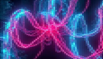 Vibrant Neon Blue and Pink Data Flow Tentacles Background with Glassy Reflection