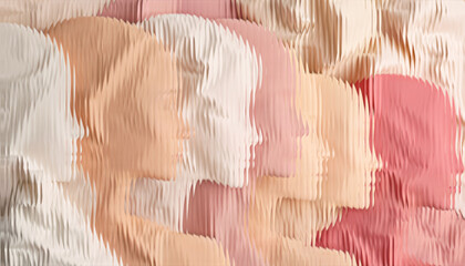 Group of People Silhouettes Red Abstract Faces in Profile with Glassy Overlay