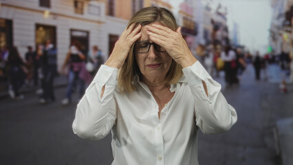 Fototapeta premium Woman touches her forehead with one hand while standing amid blurred pedestrians on a street; worry stress concern tension.