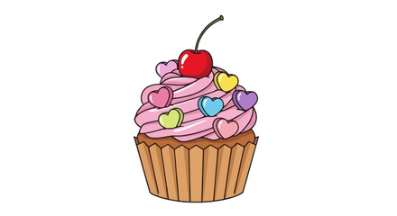 Delicious Cupcake with Pink Frosting Hearts and Cherry.