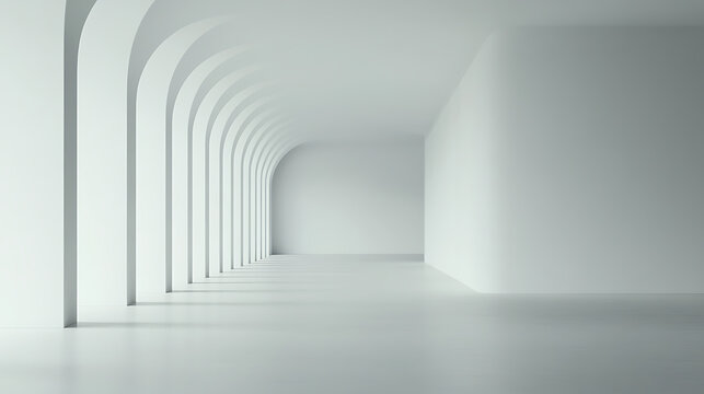 Modern architecture corridor with repeating arches, minimalist design showcasing clean lines and a neutral color palette for a serene and spacious feel. Interior perspective.