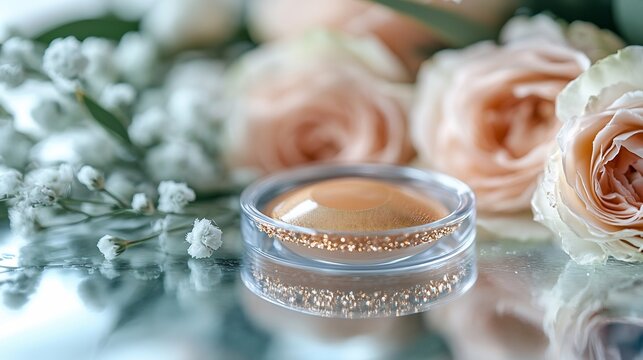 Pair of hazel contact lenses resting inside a lens case with a bouquet of flowers and a wedding invitation on the side preparing for an elegant ceremony