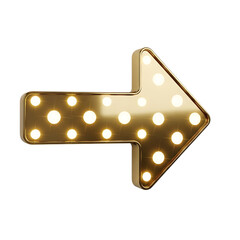 Golden arrow marquee sign with illuminated light bulbs isolated on a transparent background image