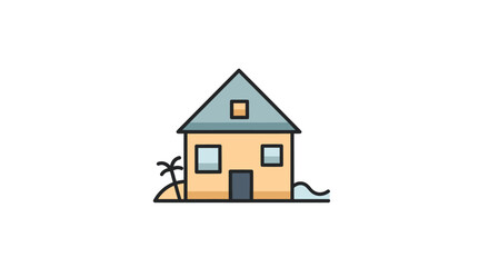 Simple Illustrated House with Blue Roof and Palm Tree.