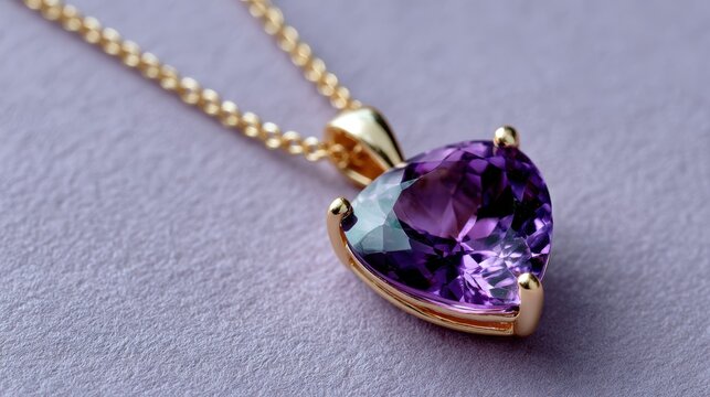 jewelry photography, a flawless studio shot captures the rich, deep purple amethyst of a classic golden necklace in sharp detail on a seamless lilac backdrop