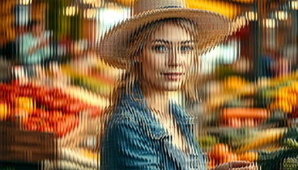 Stylish Woman Portrait with Summer Hat and Glass Effect - Sunny Day Lifestyle , a soft glass effect and blurred background.