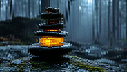 Zen Stone Cairn Concept with Glowing Light and Glass Effect - Calm Balance Art