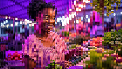 Vibrant Woman Portrait with Neon Lights and Glass Effect - Modern Night Fashion