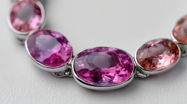 jewelry photography, skilled photographer captures modern ombre-style necklace with precise focus, highlighting pink sapphires and sleek design on white bg