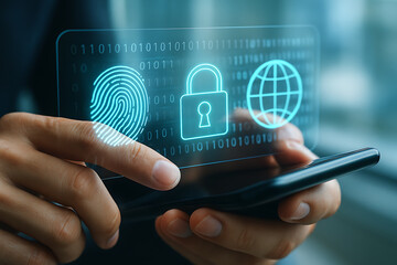 Futuristic digital fingerprint scanner with smartphone biometric authentication system internet security encrypted access and data privacy
