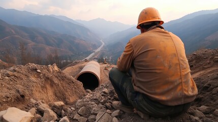 A construction worker sits on a hillside, overlooking a large pipe installation amid a mountainous landscape, This image can be used in projects related to construction, engineering