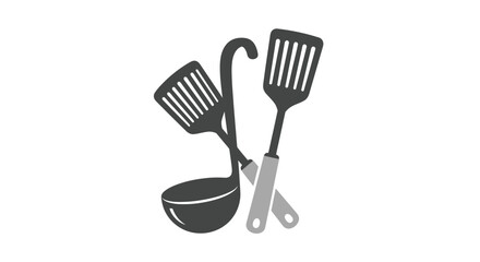 Crossed kitchen utensils icon featuring two spatulas and a ladle in a simple gray design.