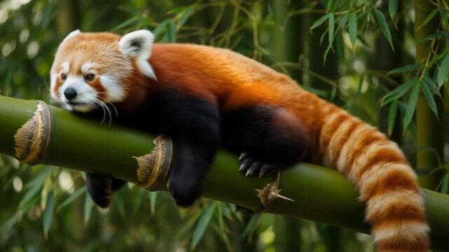 Red panda resting on thick bamboo stalk amidst lush greenery