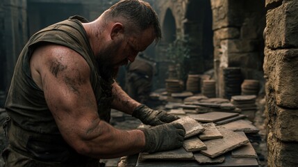 A rugged craftsman meticulously shapes stone tiles in a rustic workshop, showcasing craftsmanship and labor, This image can be used for topics related to manual labor, craftsmanship