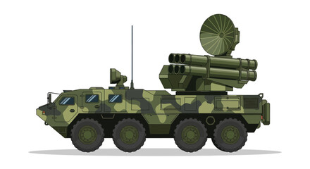 Green Camouflaged Self-Propelled Anti-Aircraft Missile System with Radar Dish. © wongpunduh