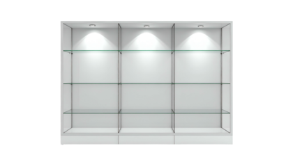 A frontal view of a bright, empty display cabinet with glass shelves and overhead lights