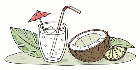 Tropical Coconut Drink with Straw and Palm Leaf Minimal Summer Vector