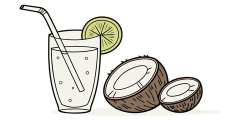 Coconut Drink with Straw and Leaf Exotic Tropical Summer Vector