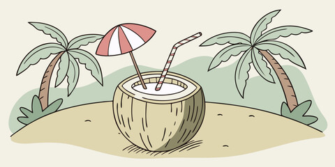Refreshing Coconut Drink with Straw and Tropical Leaf Flat Summer Vector Illustration