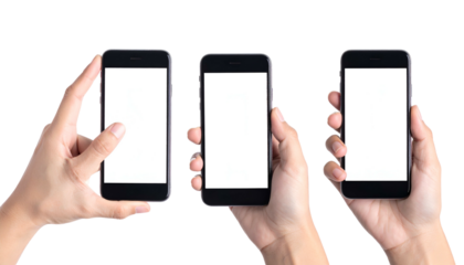 Three smartphones held up, each with a blank white screen against a black background