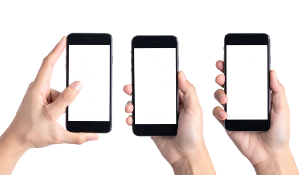 Three smartphones held up, each with a blank white screen against a black background
