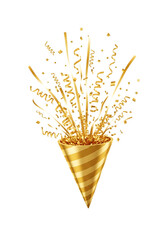 Golden party popper exploding with confetti and streamers isolated on a transparent background image