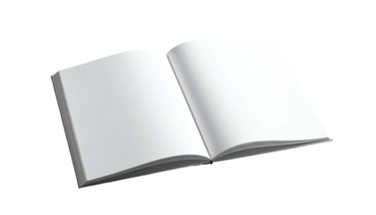 Open book, spread wide, revealing blank white pages and shadowed spine, on black background