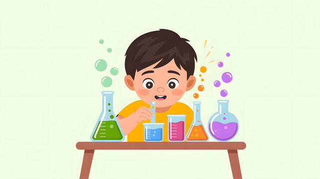 Smiling children illustrating a cartoon vector painting on an easel for school education