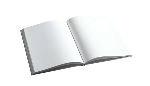 Open book, spread wide, revealing blank white pages and shadowed spine, on black background