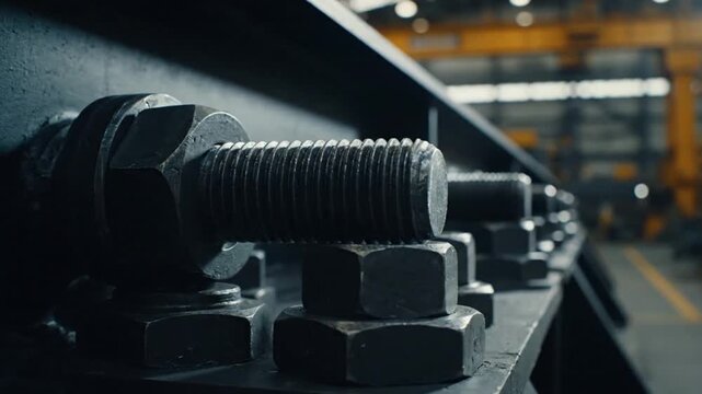 Closeup of industrial bolts and nuts securing a metal beam in a factory setting.